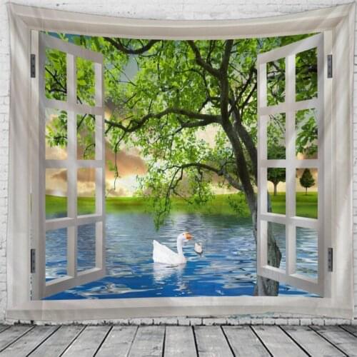 Beautiful Scenery Outside The Window Tapestry Hanging Flower Psychedelic Tapestry Wall Hanging Decor Halloween Deco