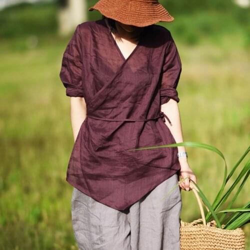 Johnature Ramie Shirts Vintage Blouses Women Solid Color Cloths 2021 Spring V-neck Long Sleeve Sashes Casual Shirts