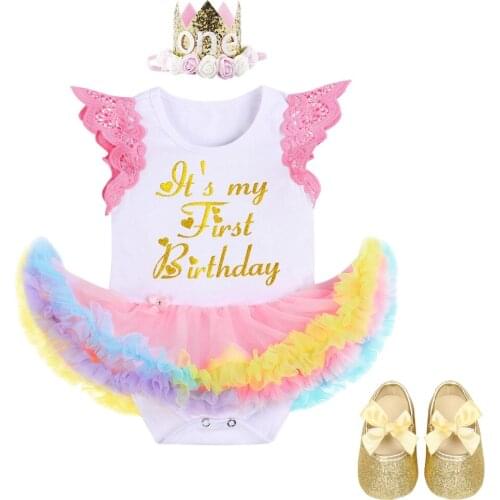 3pcs Set Baby Girl Clothes 1st Birthday Party Outfit My First Birthday Letter Print Romper Crown Shoes Outfit for Cake Smash