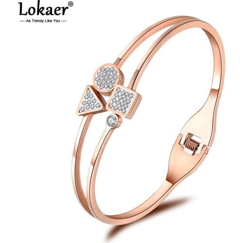 Lokaer Sparkling CZ Crystal Geometry Stainless Steel Rhinestone Cuff Bangles Bracelet Lovers Jewelry Valentines Day Gift B18058
