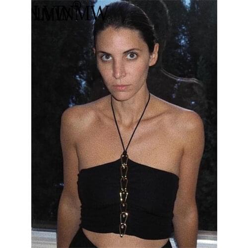 LVINMW Solid Slim Designed Lace Up Backless Sleeveless Crop Top Metal Chain Halter Sexy Trendy Black Navel Tank Tops Women