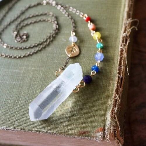 Natural Crystal Quartz Bar Vintage Wire Wrapped CHAKRA Beads Necklace, Healing Stones Necklace