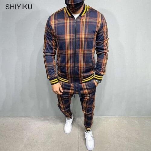 SHIYIKU Brand Plaid Printed Loose Suit Couple Clothes Fashion Grey Tracksuit Fullset Black Pink Faded Full Set Tracksuit