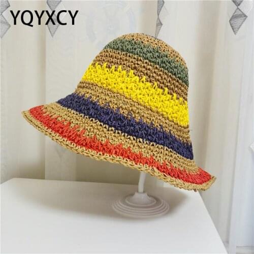 YQYXCY Summer Hats For Women Bohemian Straw Sun Hat Female Striped Big Brim Foldable Sunhat Beach Holiday Seaside Travel Gorro