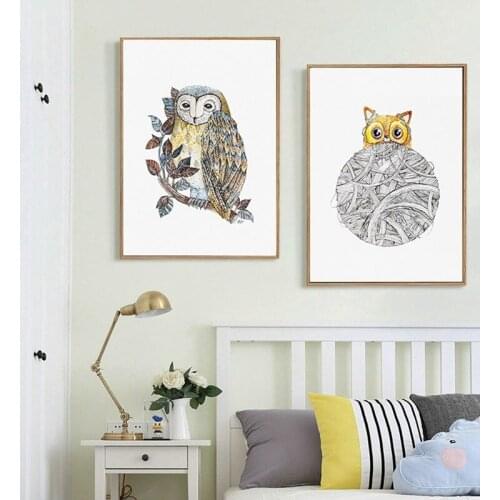 Nordic Style Modern Owl Furry Ball Decorative Painting Frameless Painting Bedroom Living Room Canvas Wall Art Animal Print