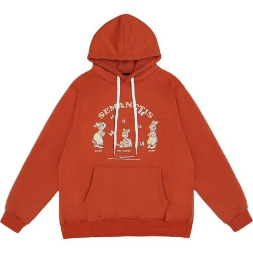 Hip Hop Hoodie Men Women Streetwear Bunny Butterfly Print Fleece Harajuku Hoodie Sweatshirt Winter Cotton Pullover Tops Orange
