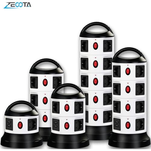 Vertical Power Strip Surge Protector Multiple Socket 3/7/11/15/19 EU Plug Layer Outlets with USB Switchable 1.8m Extension Cable