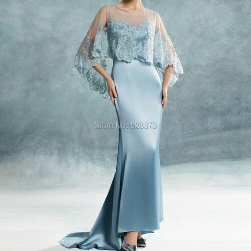 YNQNFS MD114 Elegant Light Blue Satin Mermaid Mother of the Bride/Groom Dresses Outfits with Lace Wrap/Jacket/Coat 2019