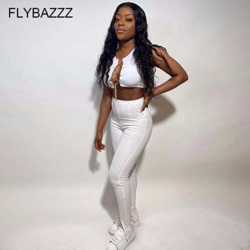 Lace Up Hollow Out Casual Sportwear Women Matching Yoga Set Sleeveless Fashion White Sexy Club 2Piece Outfit Tank Top Pants Suit