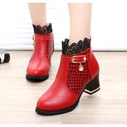 Comfortable heel 6 cm Womens Boots Fall Winter Round Toe Shoes Vintage PU Leather Ankle Lace Short Boots Female Botas Mujer