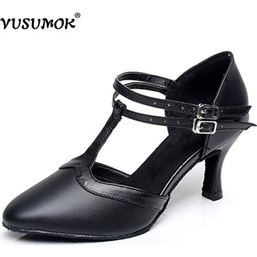 VUSUMOK Genuine Leather Women Dance Shoes Black Girls Latin Tango Shoes Salsa Shoes Closed Toe Square Heels Lace Plugs size