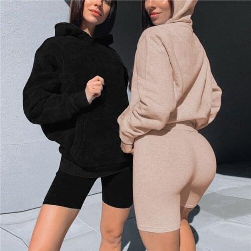 Womens sports cotton hooded sweatshirts solid casual skinny shorts two pieces slim clothes sets autumn for ladies outfits