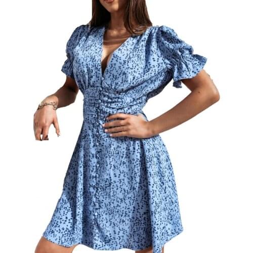 2021 New Elegant Ladies Office Print Deep V Neck Single Breasted Short Sleeve Dress For Woman Fashion Party Club Slim Mini Dress