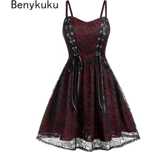 Gothic Skull Lace Mesh Mini Slip Dress Women Vintage Sleeveless Retro Clothes Sexy Spaghetti Strap Lace Up Halloween Dresses