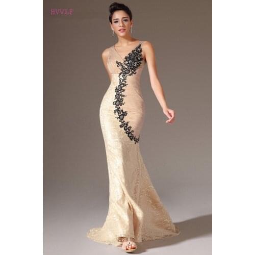 Champagne Evening Dresses Mermaid V-neck Appliques Lace Backless Plus Size Long Evening Gown Prom Dresses Robe De Soiree
