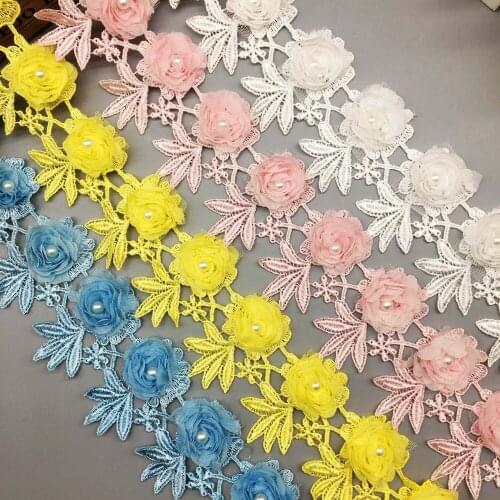 1 yard Pearl Rose Flower Beaded Embroidered Handmade Lace Trim Ribbon Applique Patches Fabric Sewing Craft Wedding Dress