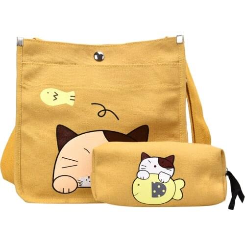 2pcs/set Women Canvas Cartoon Cat Print Shoulder Crossbody Handbags Pen Bag Women Canvas Shopping Bag Cartoon Cat Shoulder #25