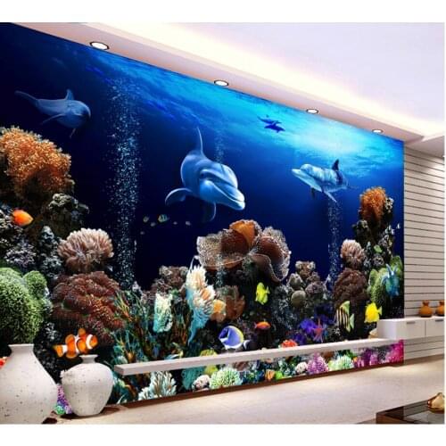 Custom photo 3d wallpaper Deep blue Marine dolphin coral fish home decor on a wall 3d wall murals wallpaper for living room