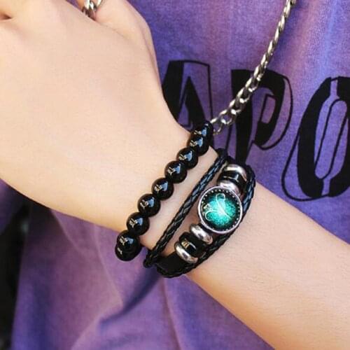 12 Constellation Zodiac Sign Bracelet Retro Hip-hop Beaded Men Women Punk Woven Leather Luminous Bangle PU Braided Rope Hand
