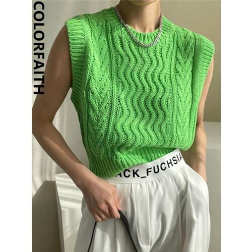 Colorfaith 2021 Y2K Spring Autunm Women Sweaters Waistcoat Sleeveless Korean Style Knitted Vintage Wild Lady Short Vests SWV3277