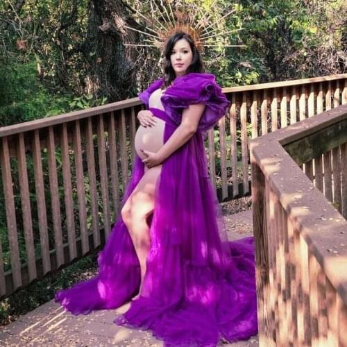 Demure Purple Long Tulle Maternity Dress For Photoshoot Women Babyshower Tulle Robe See Thru Women Dresses Open Front