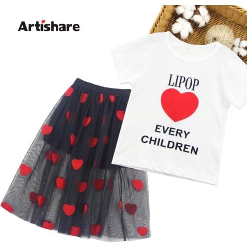 Kids Summer Clothes Heart Pattern Tshirt + Skirt Clothes For Girls Mesh Kids Girls Clothes Letter Childrens Clothes Girl