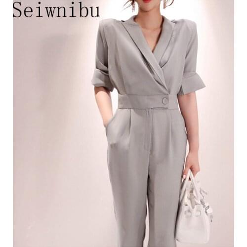 Top Quality Korean slim Notched collar Jumpsuits summer of the new solid color leisure jumpsuits with western style joker