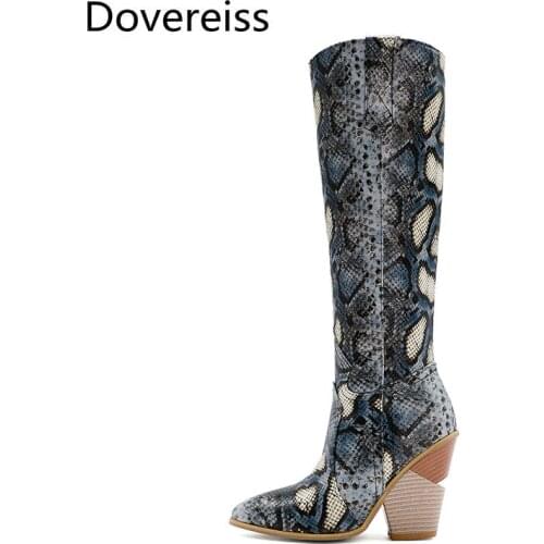 Dovereiss Fashion Womens Shoes Winter sexy Elegant red Pointed toe Snakeskin Wedges zipper Knee high boots Concise 34-48