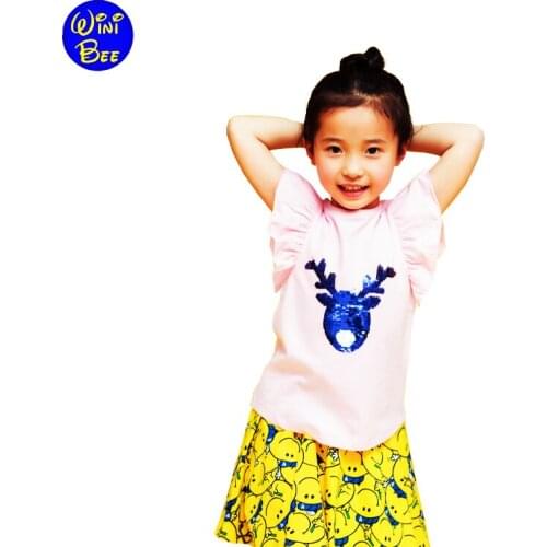 Short Sleeve Children T-Shirt Toddler Girl Kawaii Top Ruffle Sleeve Summer Tee Transform Sequin TShirt Girls Clothes 2 4 6 Years
