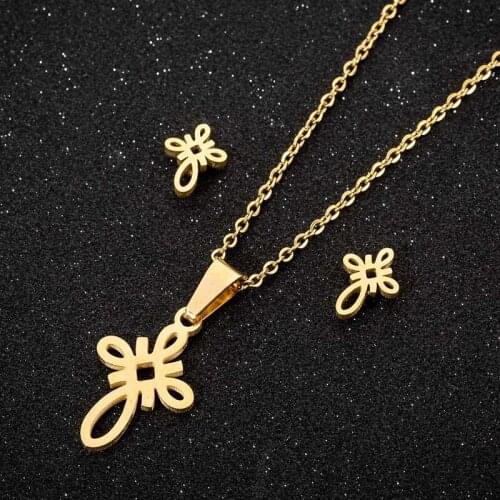 Hfarich Antiqued Retro Tiny Christian Jesus Cross Knot Necklace Jewelry Sets for Women Femme Daily Wear Christmas Gifts