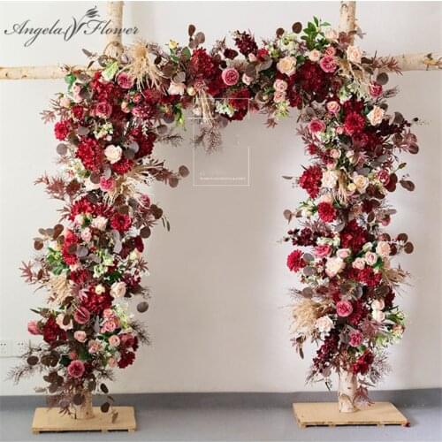 Artificial flower row burgundy wine red colorful wedding arch background party props stage decor floral wall table flower ball