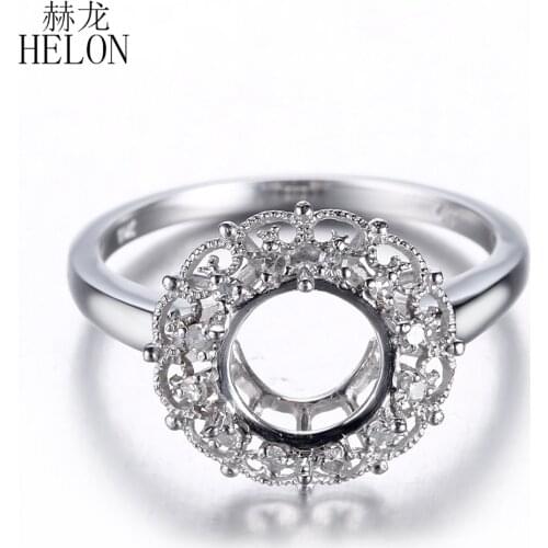HELON 8mm Round Semi Mount Ring Setting Solid 14k White Gold Natural Diamonds Engagement Wedding Ring Women Trendy Fine Jewelry