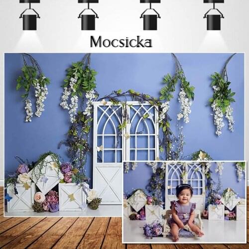 MOCSIKA Spring Flowers Backdrops for Photography Kids Birthday Cake Smash Photocall Background Photo Studio Wooden Door Decor
