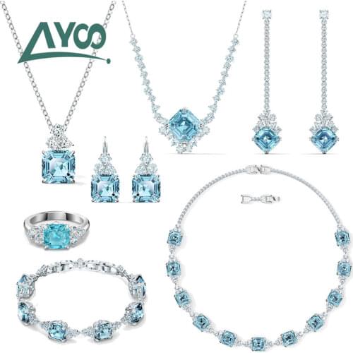 SWA High Quality Fashion Jewelry Charm Blue Square Exquisite Blue Square Crystal Female Romantic Jewelry Gift Necklace For Women