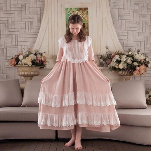 Princess Sleepwear Women Cotton Night Dress Lace Nightdress Girl Peignoir Fairy Kawaii Victorian Vintage Nightgowns Lolita Dress