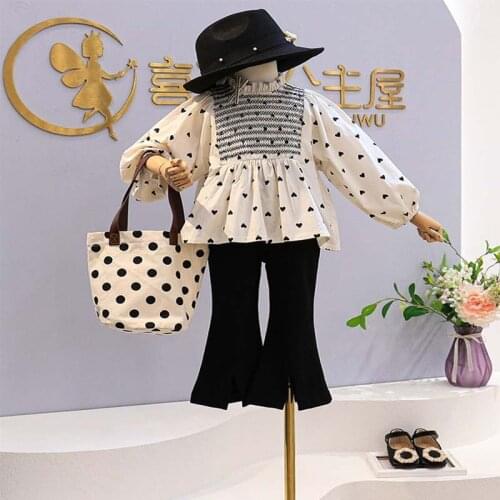 KEAIYOUHUO 2022 New Spring Autumn Childrens Clothes Girl Fashion Polka Dot Pattern Top Plus Butterfly Flared Suits Pants 2-8Y