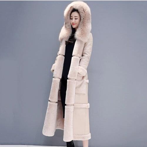 New Winter Faux Leather Coat Hooded Parka Female Fashon Faux Fur Coat Long Seciton Jacket Thick Warm Wool Sheep Leather Overcoat