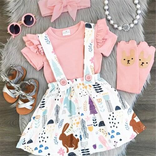 Wholesale Summer Fashion Kids Baby Girls Ruffle Short Sleeve T shirt Tops Floral Suspender Skirts Outfits Clothes 1-4Y