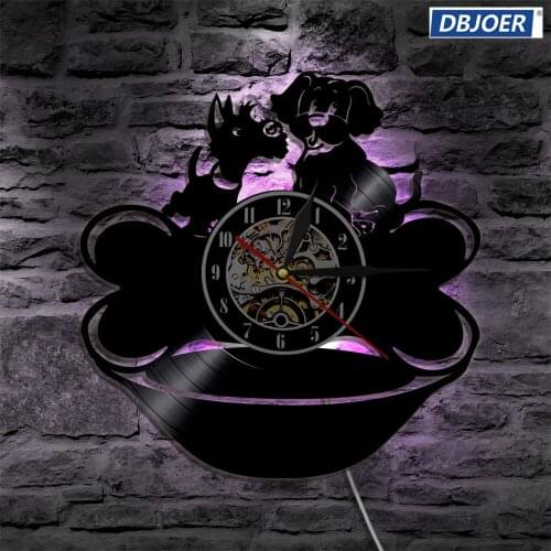 Lovely Dog Couple Wall Clock Vinyl Record Clock Animals LED Backlight Vintage Illuminated Home Decor Gift For Dog Lover