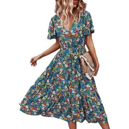 New Stylish Women Leopard Folds Dress V Neck Large Hem Fashion Floral Print Short Sleeve Waist Tight Elegant Dress for Party