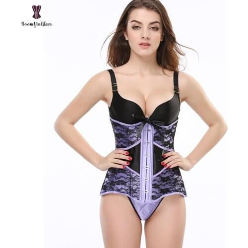 Purple Women Waist Cincher Shaper Open Bust Bustier Elastic Boned Floral Lace Underbust Corset With G String 875