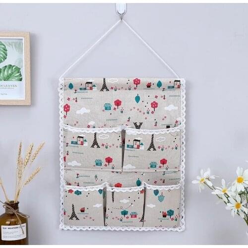 Net red cloth hanging bag on the wall behind the door, cotton and linen storage bag closet, multi-layer finishing bag, student d