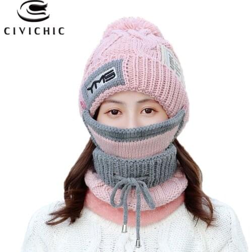 Chic Winter Warm Set Women Knit Scarf Hat Mask 3 PCS Crochet Cap Thick Pompon Beanies Fleece Headwear Strap Neck Warmer SH127