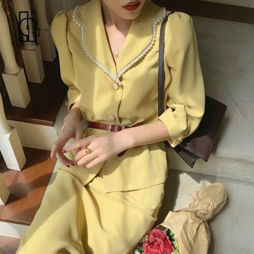 Luck A French Style Vintage 2 Piece Sets Vintage Women Suit Pearl Notched Sashes Blazer+ Skirt Elegant Office Lady Chic Suits