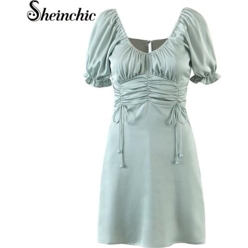Vintage Green Draped V-neck Short Sleeve Woman Dress 2021 Summer Korean Fashion Elegant Casual Mini Dress Vestido De Mujer