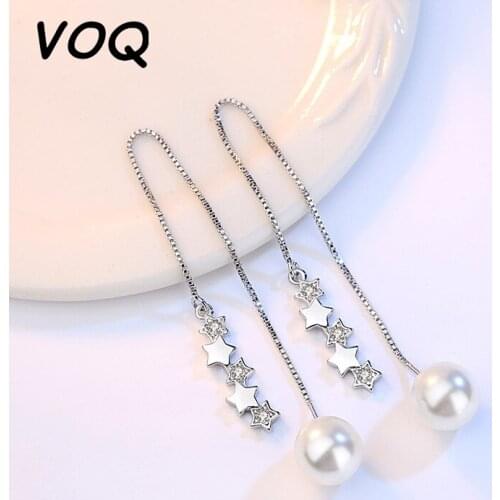 VOQ 925 Sterling Silver Cubic Zircon Star Earrings Long Chain Tassel Pearl Earrings