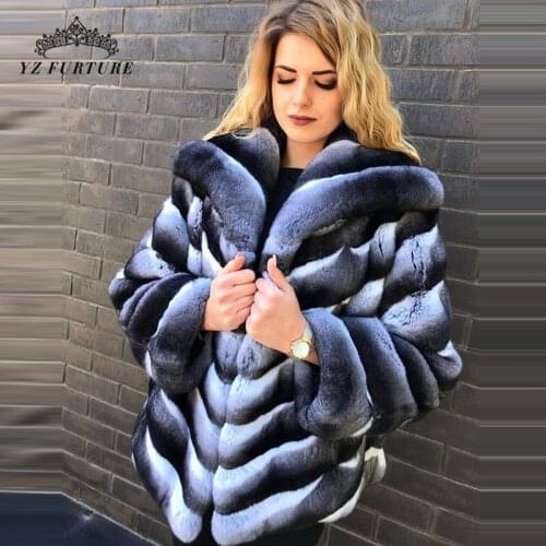 YZ Future Big Collar 100% Rex Rabbit Fur Coats Winter Women Fur Jacket Chinchilla Rabbit Fur Garment with Long Sleeves Lady Coat