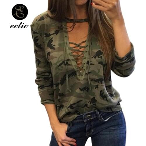 Womans Camouflage Tracksuits Poleron Mujer 2021 Lace Up Deep V Neck Sweatshirts Bandage Long Sleeve Loose Hoodie Harajuku Punk