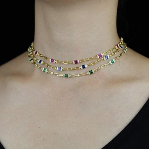 Gold Color European Women Collar Choker Fashion Green Red Blue Baguette Cz Station Safety Pin Chain Necklace