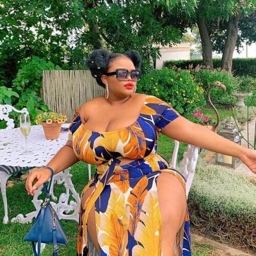 Print Plus Size Sets Two Piece Set Women Summer Sexy Off Shoulder Top Slip Hem Pants Fashion Streetwear Wholesale Dropshipping